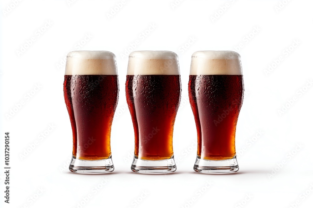 Trois verres de bière brune avec mousse
Trois verres de bière brune avec mousse