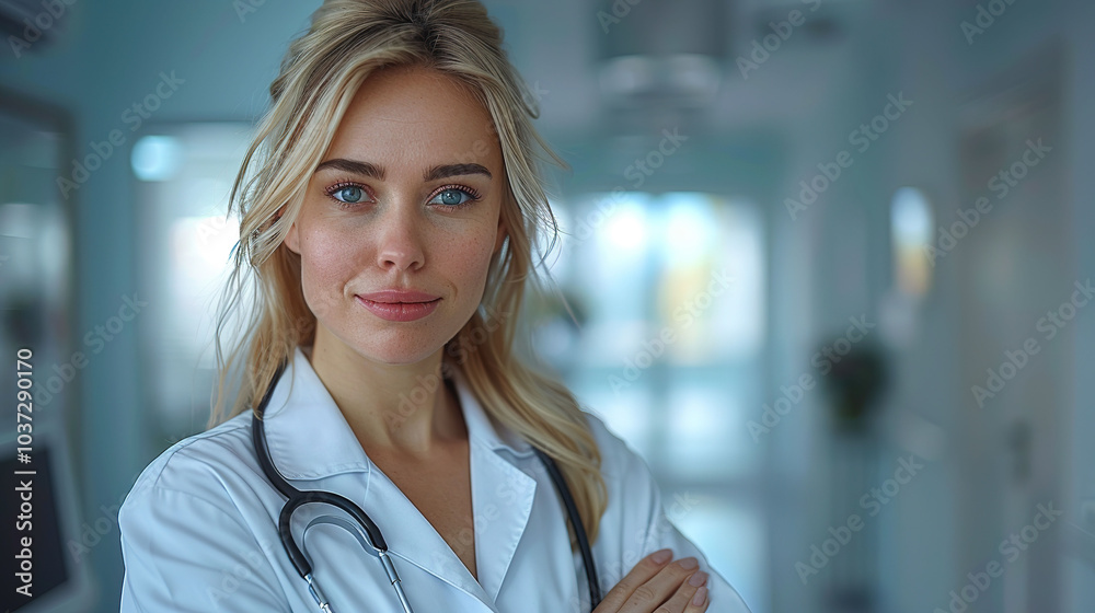 Fototapeta premium doctor holds a stethoscope, with hands crossed, white female