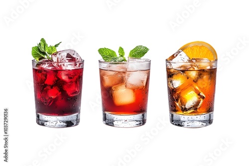 Cocktails colorés avec glaçons et garniture