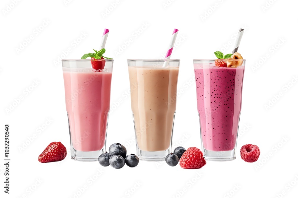 Trois milkshakes avec garnitures de fruits
Trois milkshakes avec garnitures de fruits