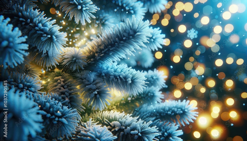 Frost-Covered Pine Branches in a Magical Winter Scene: Close-Up of Icy Needles Against a Golden Bokeh Background, Capturing the Serene Beauty of Snowfall and Holiday Lights Frost-Covered Pine Branches in a Magical Winter Scene: Close-Up of Icy Needles Against a Golden Bokeh Background, Capturing the Serene Beauty of Snowfall and Holiday Lights