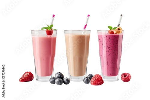 Trois milkshakes avec garnitures de fruits

 photo