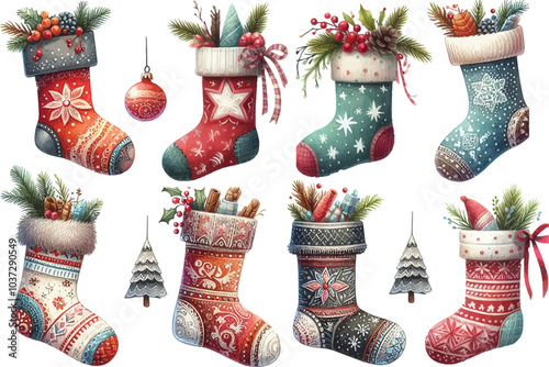 watercolor Christmas Hand drawn Stockings 