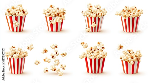 A fun collection of popcorn bucket icons in different designs and sizes, with kernels spilling out, isolated on white. photo