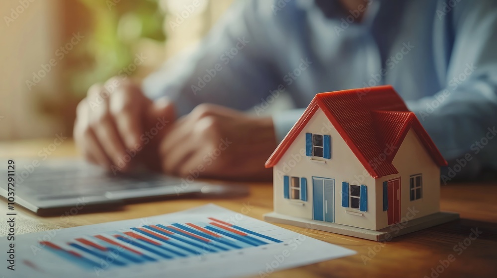 A man is sitting at a desk with a model house, a chart, and a tablet. He is looking at the chart and planning his finances. A man is sitting at a desk with a model house, a chart, and a tablet. He is looking at the chart and planning his finances.