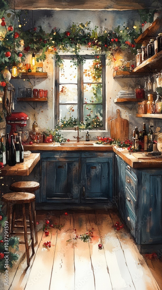 Cozy kitchen decorated for Christmas with tree branches, watercolor illustration showcasing soft pastel colors and a warm atmosphere Cozy kitchen decorated for Christmas with tree branches, watercolor illustration showcasing soft pastel colors and a warm atmosphere
