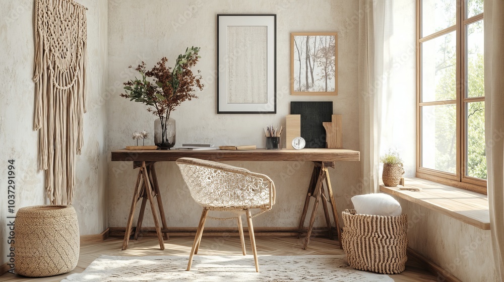 Chic bohemian living room interior featuring mock-up photo frames, a vase of flowers, a wooden desk, beige macrame, and stylish accessories, all ready for personalized decor Chic bohemian living room interior featuring mock-up photo frames, a vase of flowers, a wooden desk, beige macrame, and stylish accessories, all ready for personalized decor