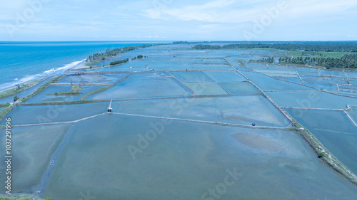 Aerial View of Azure Ocean and Aquaculture Ponds Under Clear Blue Sky. Suitable for showcasing coastal landscapes and sustainable aquaculture farming for environmental or tourism campaigns.