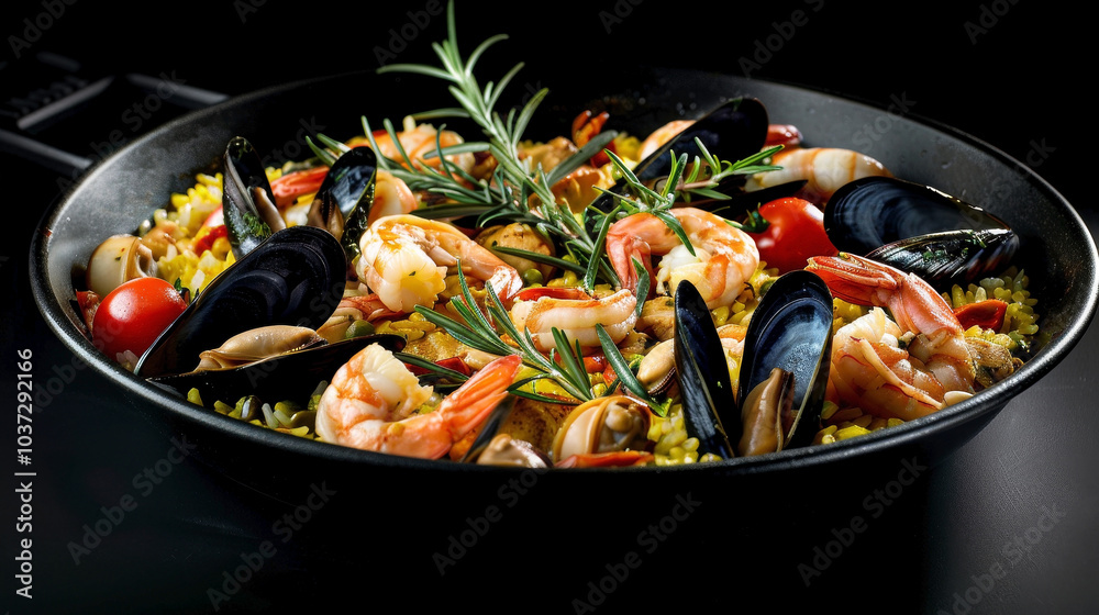 Valencian-style Seafood Paella shines against a black background, featuring golden saffron rice, chicken, shrimp, mussels, clams, and rosemary, with aioli sauce for added flair. Valencian-style Seafood Paella shines against a black background, featuring golden saffron rice, chicken, shrimp, mussels, clams, and rosemary, with aioli sauce for added flair.