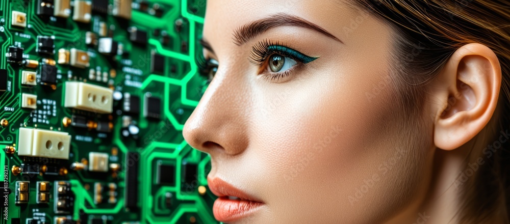 Woman connecting to a circuit board head Woman connecting to a circuit board head