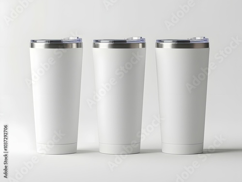 Blank white insulated tumblers, reusable travel mugs, stainless steel cups for hot and cold drinks. Mug mockup, tumbler mock up 