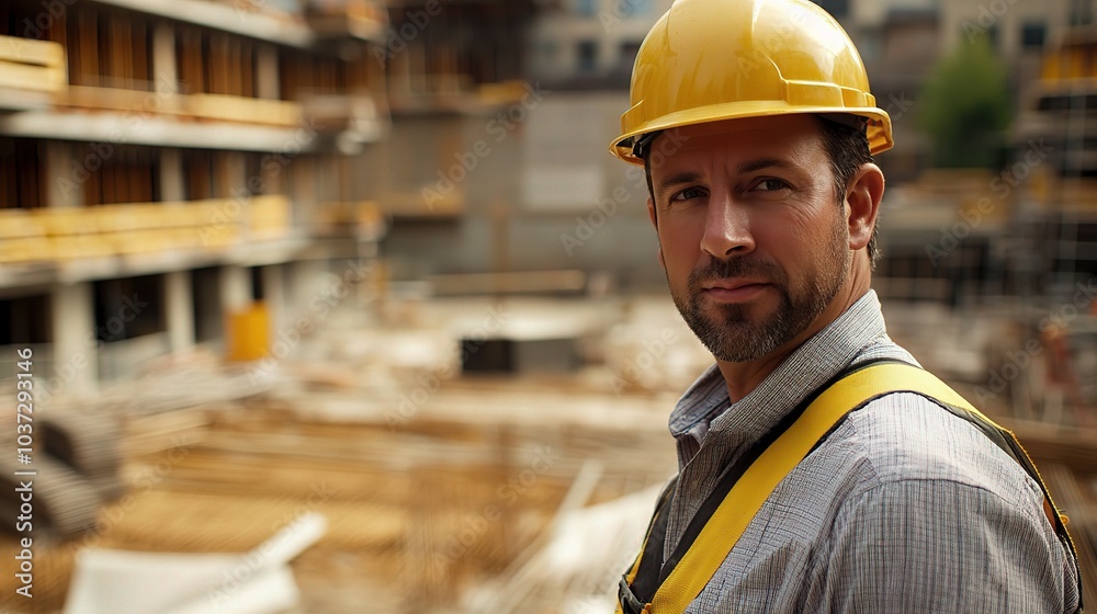 Fototapeta premium Construction Worker at Building Site with Hard Hat