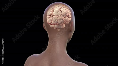 Human brain with highlighted precentral gyrus, 3D animation. The site of primary motor cortex. photo