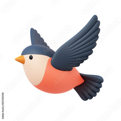 3D illustration of a colorful bird with dark blue wings and a red-orange body, showcasing a simplistic and cute design style in a flying pose. Isolated on transparent background, png.