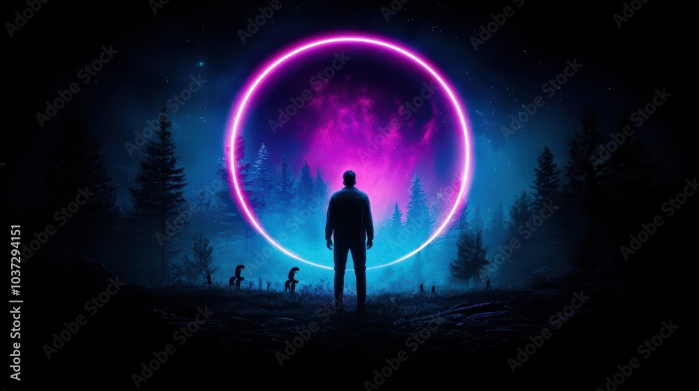 Fototapeta premium A silhouetted figure stands before a glowing portal in a mystical forest, radiating colors and energy.