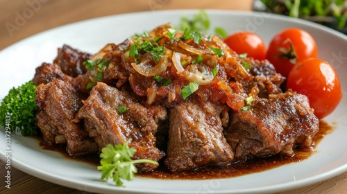 A plate of braised short ribs with caramelized onions and cherry tomatoes, garnished with parsley.