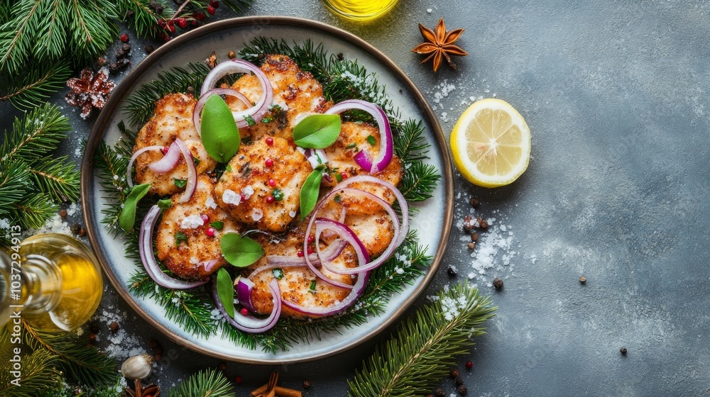 custom made wallpaper toronto digitalA plate of crispy fried fish cakes garnished with red onion, fresh herbs, and lemon wedges on a grey background with fir branches and spices around.