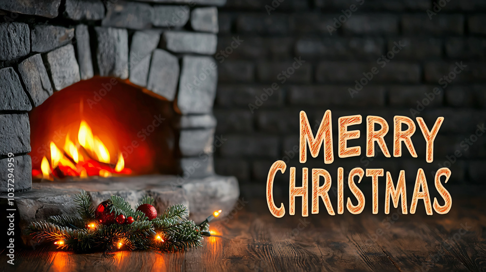 Naklejka premium Merry Christmas with cozy fireplace scene, featuring glowing flames and festive decorations. This warm atmosphere evokes holiday cheer and comfort
