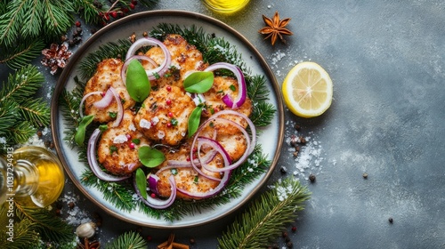 Wallpaper Mural A plate of crispy fried fish cakes garnished with red onion, fresh herbs, and lemon wedges on a grey background with fir branches and spices around. Torontodigital.ca