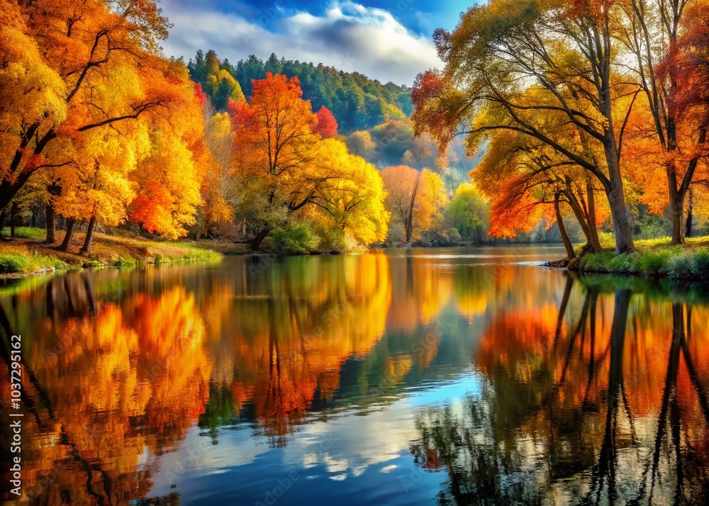 Fototapeta premium Majestic Autumn Trees and Lakeside Reflections - Nature's Beauty in Fashion Photography