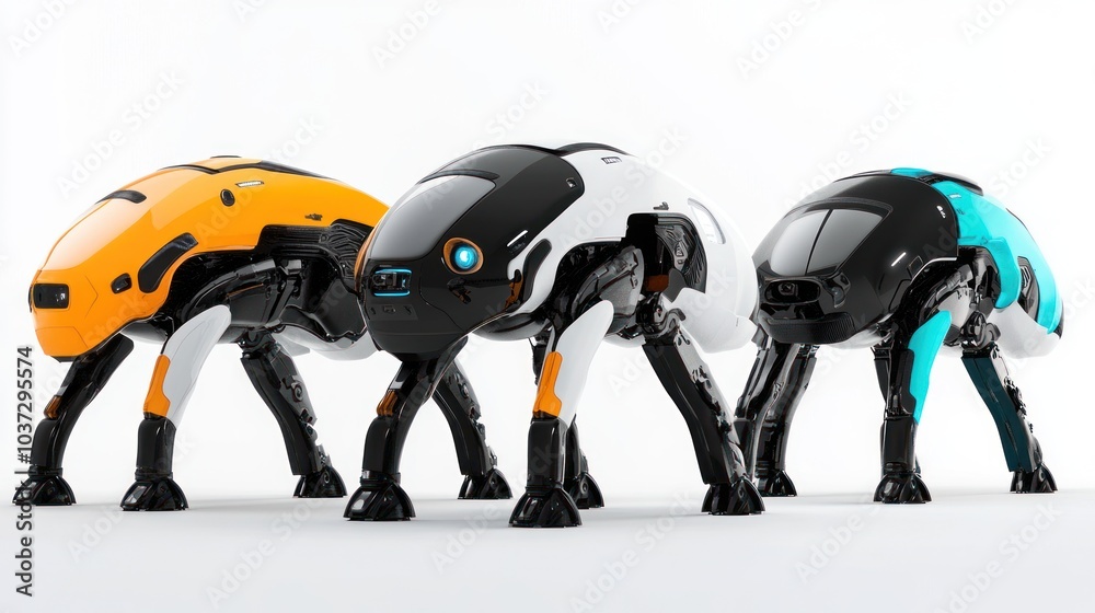 Animal robots designed for exploration, with sleek, durable designs and advanced AI, set against a white background. Animal robots designed for exploration, with sleek, durable designs and advanced AI, set against a white background.