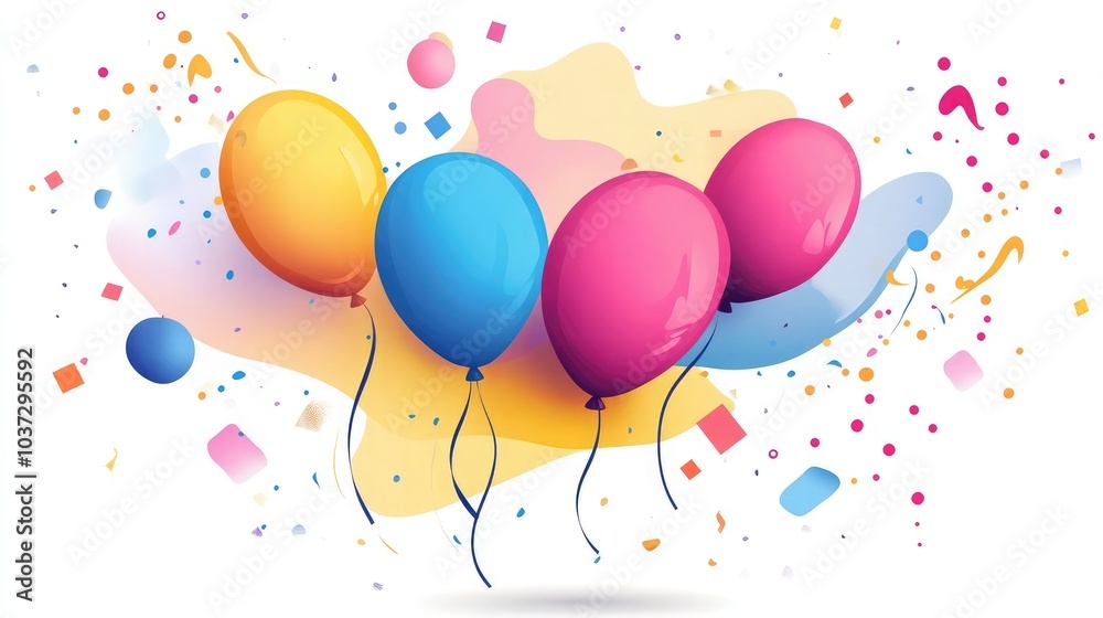 Colorful abstract celebration with balloons and shapes, perfect for joyful event banners or modern ads featuring dynamic design elements. Colorful abstract celebration with balloons and shapes, perfect for joyful event banners or modern ads featuring dynamic design elements.