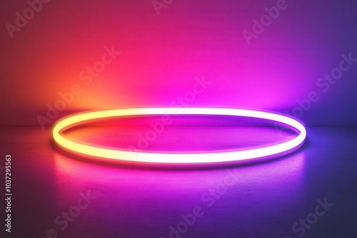 Colorful neon light ring on a sleek surface, perfect for digital designs and creative backgrounds.