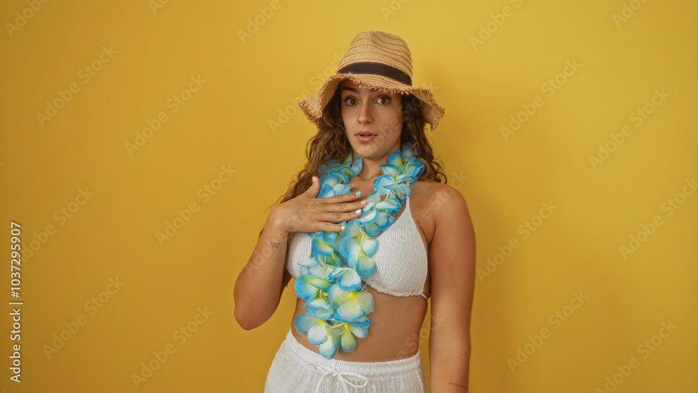 Woman wearing floral lei and sun hat standing against yellow wall Woman wearing floral lei and sun hat standing against yellow wall