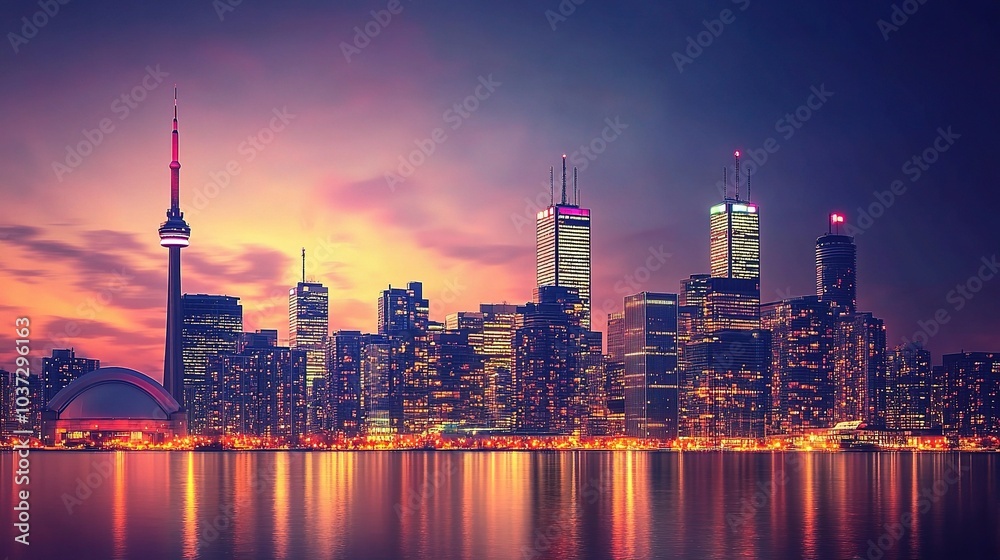 Obraz premium Vibrant Toronto Skyline at Dusk with Reflections