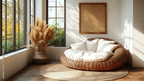 Home interior mock up, cozy modern room with natural wooden furniture. Generative AI