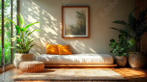 Home interior mock up, cozy modern room with natural wooden furniture. Generative AI