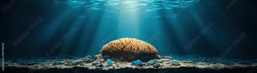 Fototapeta premium Coral reef under the sea illuminated by sunlight, showcasing marine life and environmental beauty.