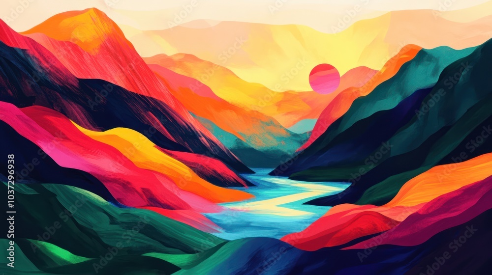 An abstract landscape scene, where vibrant colors and shapes form a surreal interpretation of a natural environment. An abstract landscape scene, where vibrant colors and shapes form a surreal interpretation of a natural environment.