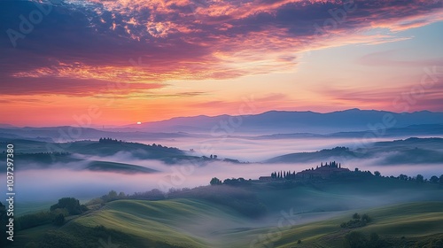 A peaceful sunrise with soft clouds floating across a colorful sky above rolling hills