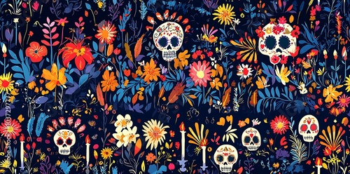 Mexican Day of the Dead, a colorful seamless pattern with skulls