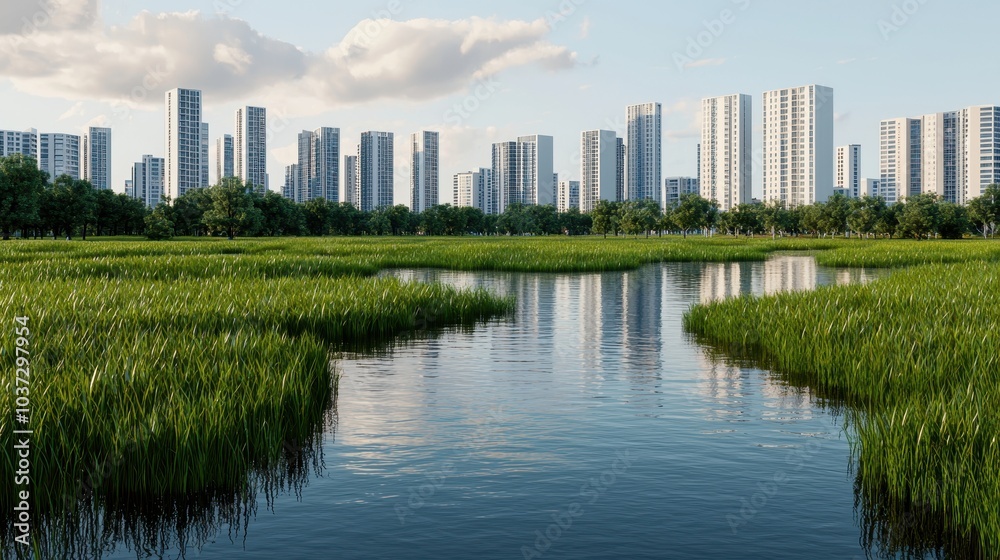 Obraz premium A serene landscape featuring a river bordered by lush greenery, with modern buildings in the background under a clear sky.