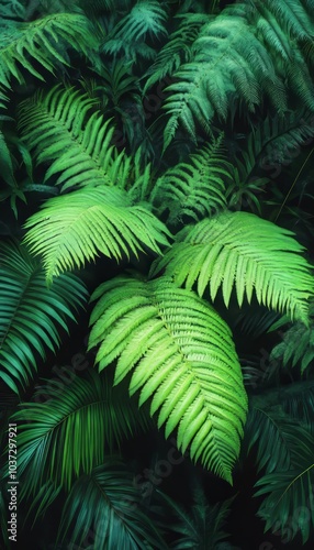 Lush green ferns creating a vibrant, natural atmosphere in a tropical setting.