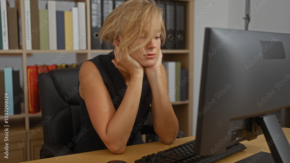 Blonde woman with short hair sitting at an office desk, looking stressed, with bookshelves in the background. Blonde woman with short hair sitting at an office desk, looking stressed, with bookshelves in the background.