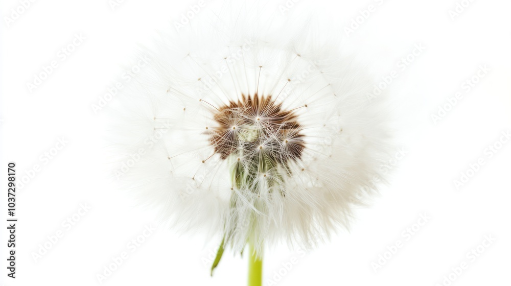 A close-up of a dandelion puffball against a white background. A close-up of a dandelion puffball against a white background.