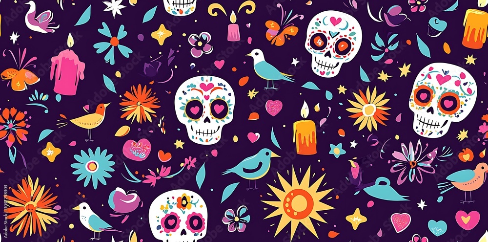Fototapeta premium Mexican Day of the Dead, a colorful seamless pattern with skulls