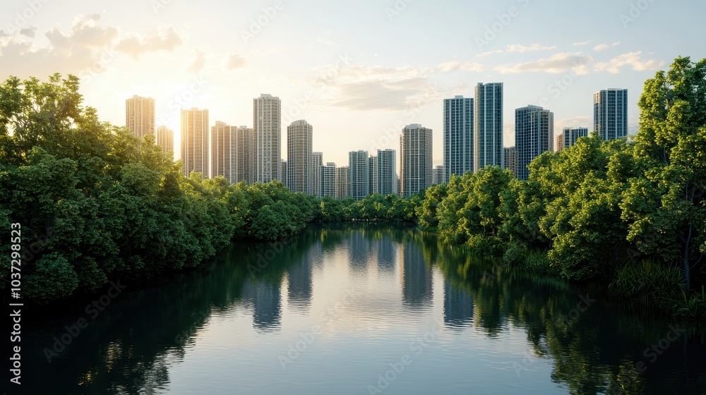 Fototapeta premium A serene riverside view features modern skyscrapers reflecting sunlight, surrounded by lush greenery, showcasing a blend of nature and urban architecture.