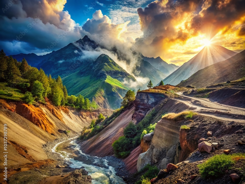 Fototapeta premium Massive Landslide in Mountain Region - Nature's Fury and Landscape Transformation