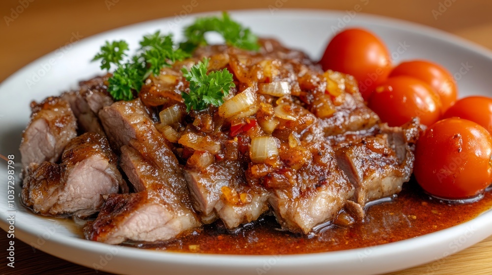 A plate of sliced grilled pork with a savory sauce, topped with parsley, caramelized onions, and red cherry tomatoes. A plate of sliced grilled pork with a savory sauce, topped with parsley, caramelized onions, and red cherry tomatoes.