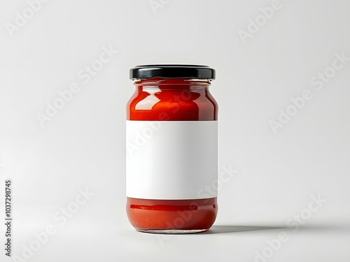 Tomato sauce jar mockup with blank label, customizable food container for branding, editable branding template, food product packaging
