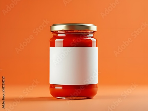 Tomato sauce jar mockup with blank label, customizable food container for branding, editable branding template, food product packaging