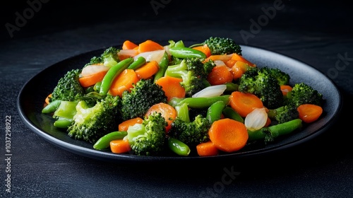 A plate of steamed broccoli, carrots, green beans, and onions on a black background.