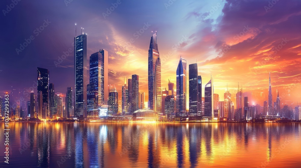 Fototapeta premium City skyline illuminated at sunset, featuring futuristic skyscrapers and luxurious architecture in a captivating digital artwork.