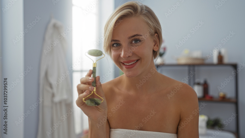 Woman holding jade roller while smiling at a spa, showcasing beautiful blonde short hair and a wellness center interior Woman holding jade roller while smiling at a spa, showcasing beautiful blonde short hair and a wellness center interior