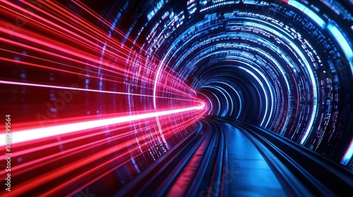 Futuristic tunnel with vibrant red and blue light streaks, creating a sense of motion and speed.