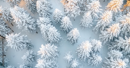 Drone Photo of Snow-Covered Evergreen Trees After Winter Blizzard. AI generated illustration.